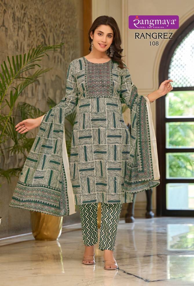 Rangrez By Rangmaya Printed Cotton Embroidery Kurti With Bottom Dupatta Wholesale Shop In Surat
